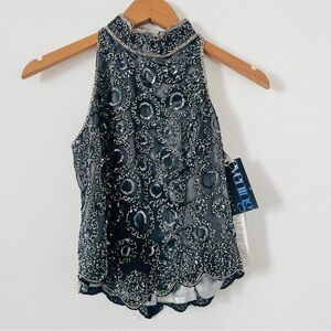 NWT Adrianna Pappell Evening Boutique Flow Circles High Neck Top -Beaded